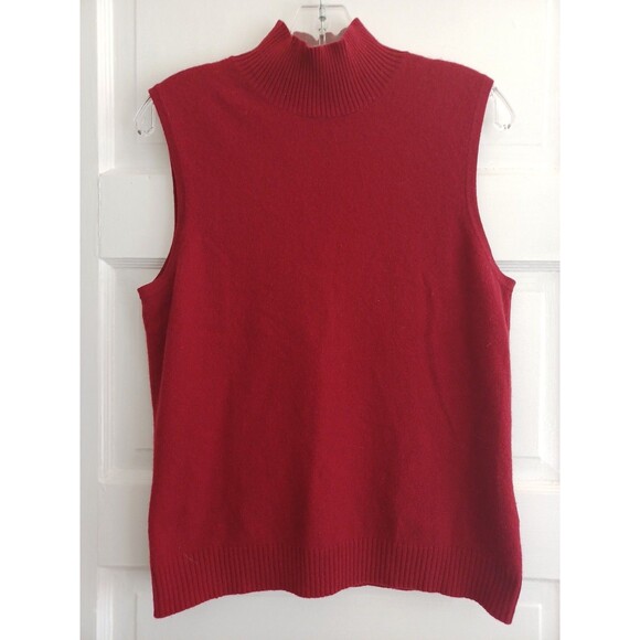 Prive cashmere sleeveless mock neck sweater L red autumn Xmas lightweight flaw - Picture 1 of 10